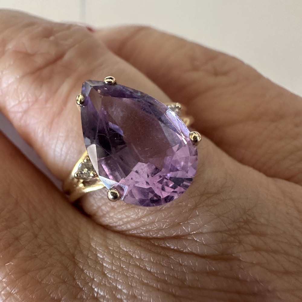 Vintage 14K Gold Pear Amethyst Diamond Ring Size 7 Estate Fine Jewelry